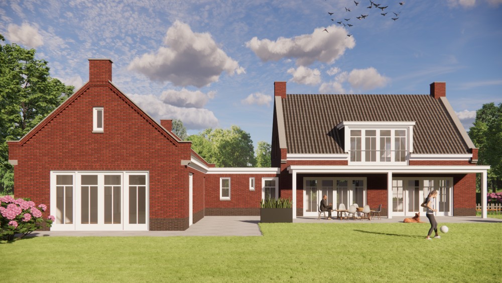 3D Render van traditionele notariswoning met metselwerk gevels, zadeldak en erker 7