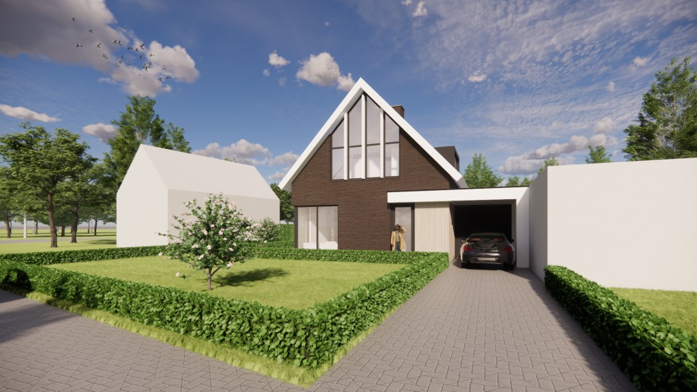 Afbeelding van Eigentijdse woning met metselwerk gevel, houten accenten en markant zadeldak - 6f32d1c2-d28d-4340-999c-111051aaf5ce