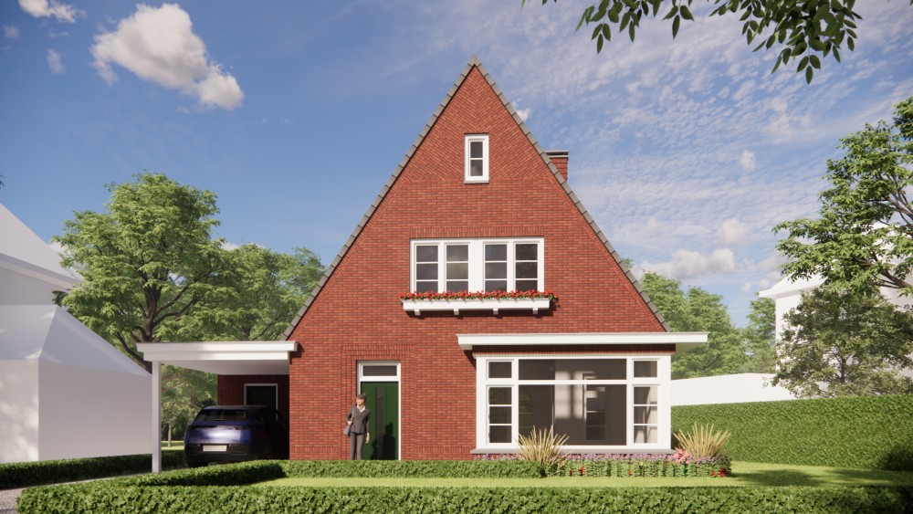 3D Render van vrijstaande woning in jaren 30 stijl met metselwerk gevels en zadeldak met gegolfde dakpannen 4