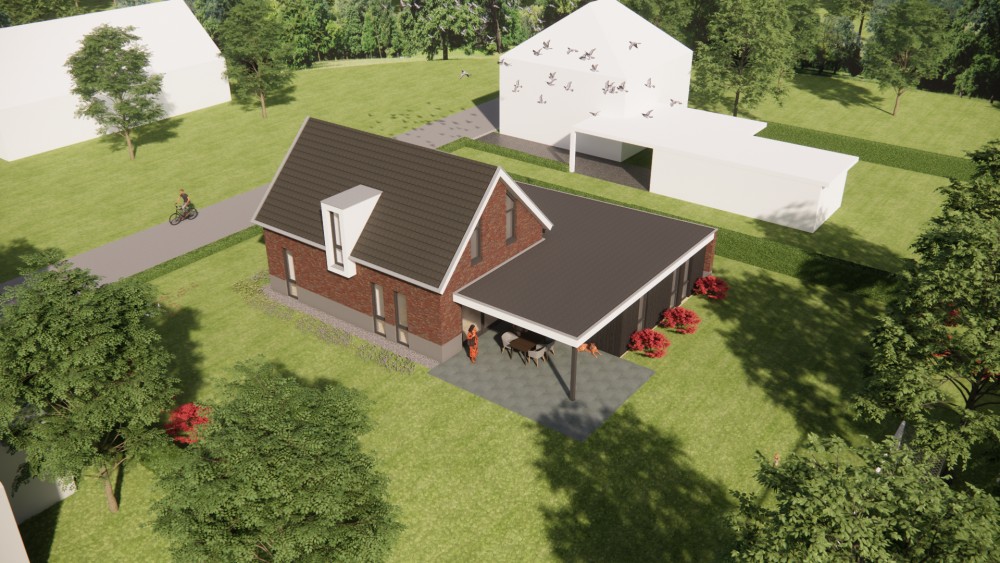 3D Render van moderne woning met zadeldak, rood metselwerk en vlakke dakpannen 10