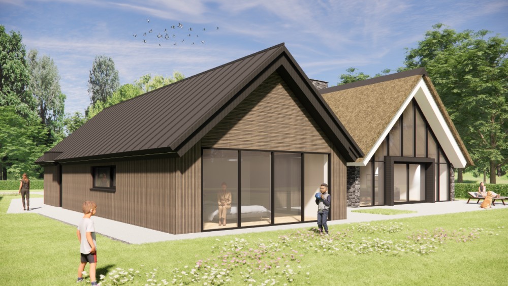 3D Render van landelijke villa met rieten zadeldak, houten accenten en risaliet 4