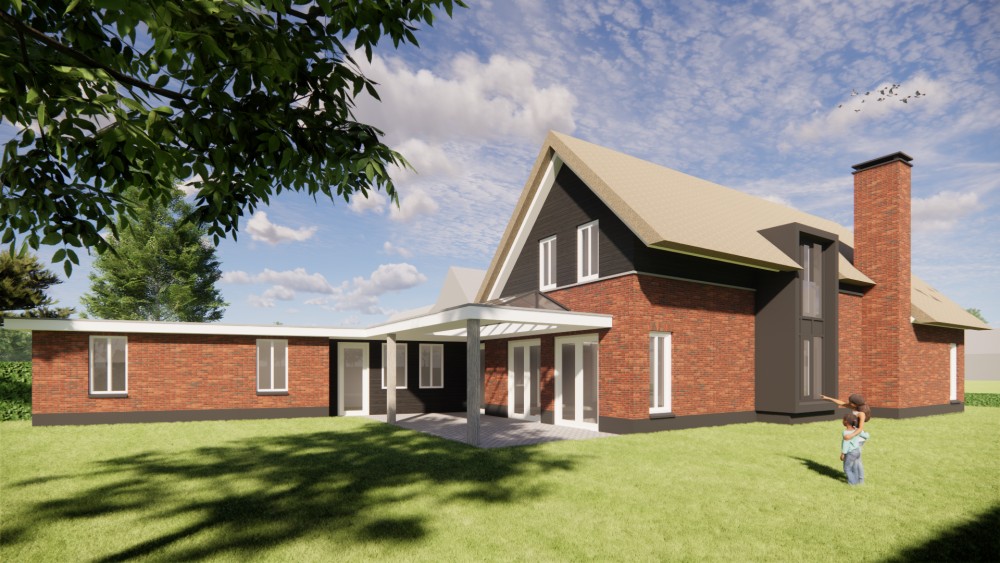 3D Render van traditionele woning met rieten kap en warmrode bakstenen gevel 2