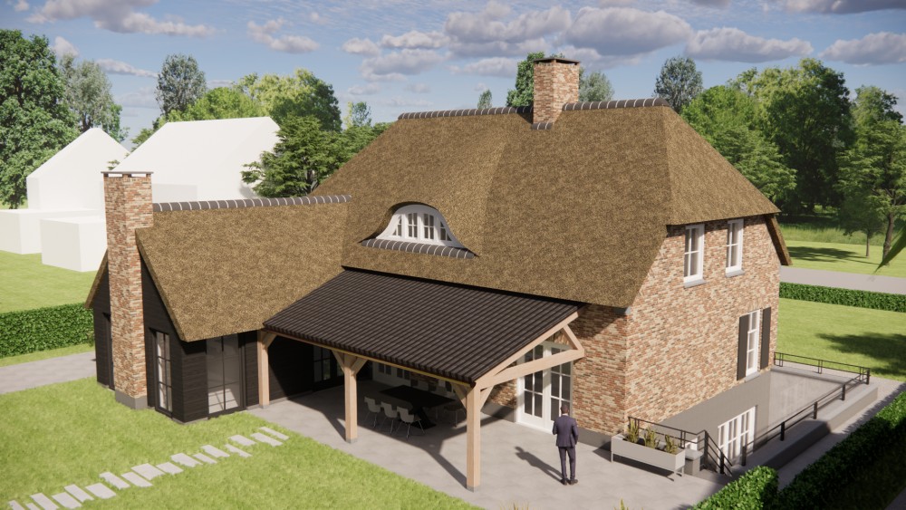 3D Render van boerderijwoning met rieten wolfsdak en houten accenten 10