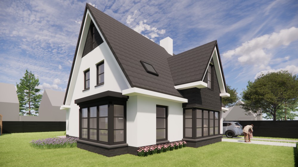 Afbeelding van Eigentijdse vrijstaande woning met wit gekeimd metselwerk en zadeldak met gegolfde dakpannen - 1f74df6d-53ae-4878-8065-334839f488a7