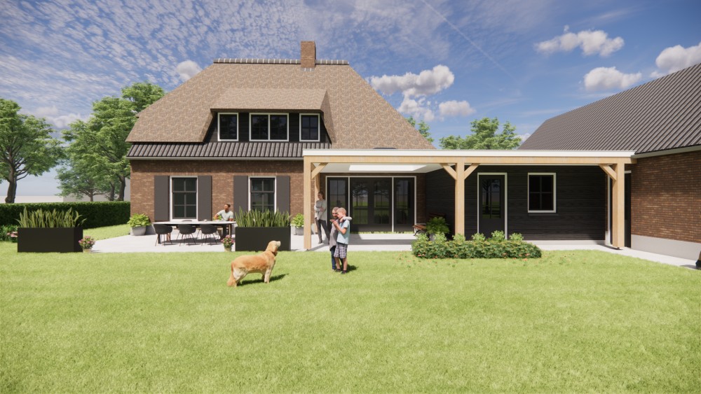 3D Render van vrijstaand landelijk huis met metselwerk gevels en wolfsdak in riet en gegolfde pannen 6