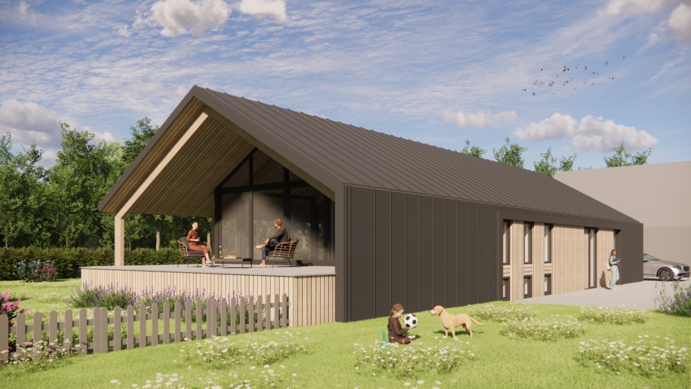 Afbeelding van Moderne schuurwoning met houten gevel felsplaat zadeldak en overstekken - 2202c3a7-8c8a-4379-a1af-02087b9912e4