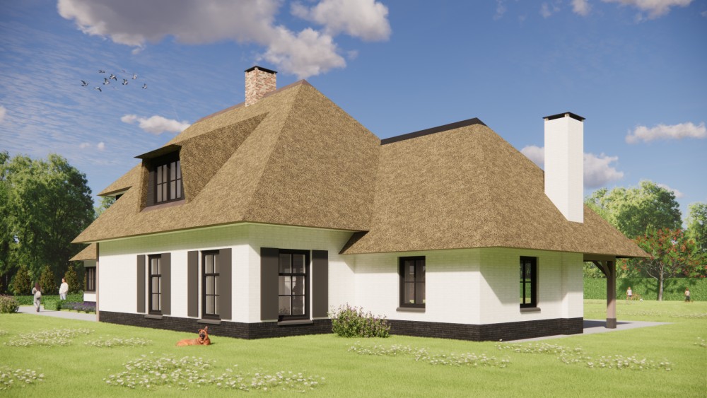Afbeelding van Landelijke villa met rieten schilddak, houten luiken en wit pleisterwerk - 15aedf17-1f58-437f-b78c-51e36614e369