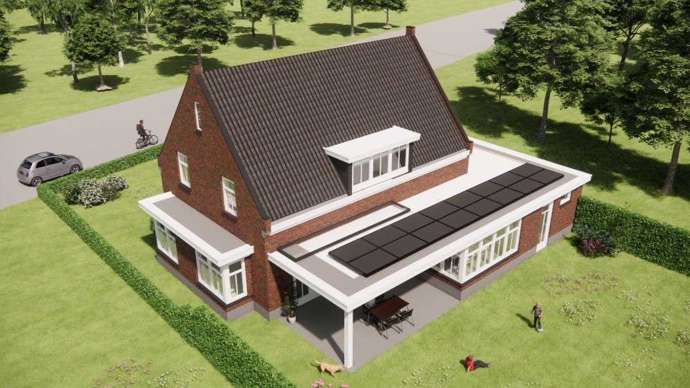 3D Render van traditionele notariswoning met metselwerkgevel, zadeldak en verfijnde details 8
