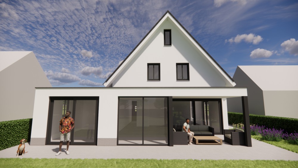 3D Render van gepleisterde gezinswoning met zadeldak, houten kozijnen en ingetogen detaillering 5