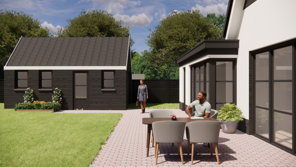 3D Render van moderne woning met gekeimd metselwerk en zadeldak van 9 meter hoog 7