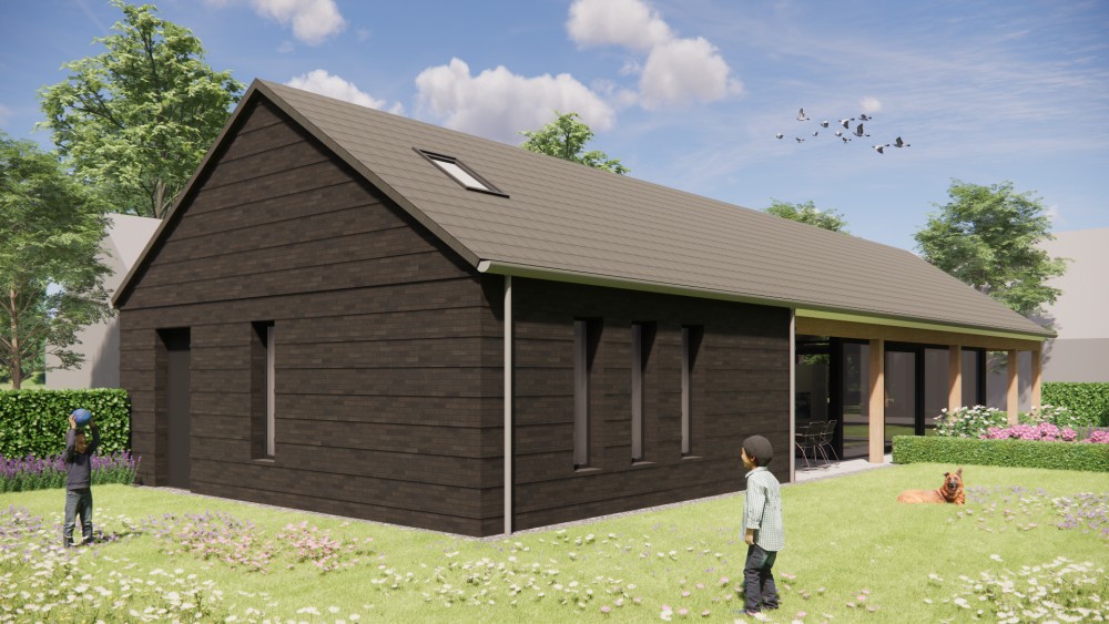 3D Render van schuurwoning met vlakke dakpan, houten details en landelijke setting 5