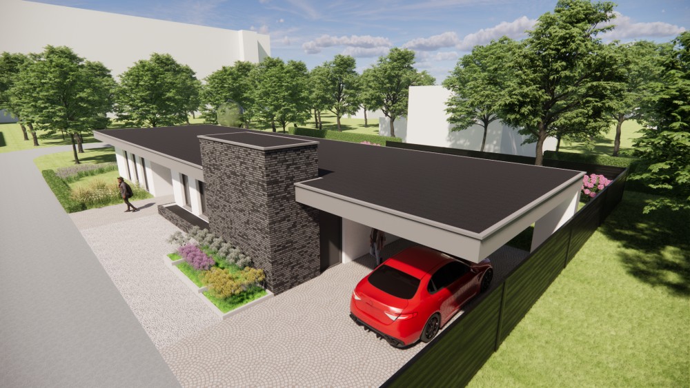 3D Render van modern vrijstaand woonhuis met plat dak en pleisterwerk 7