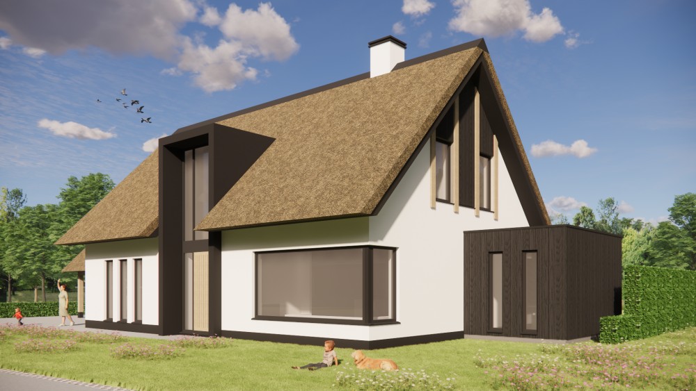 Afbeelding van Landelijke woning met rieten kap, witte gevels en houten accenten - c847914a-39ce-450e-b06d-a67b8bea3210