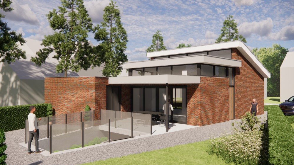 Afbeelding van Moderne vrijstaande woning in metselwerk met lessenaarsdak met vlakke dakpannen en verholen dakgoot - fb4d5532-a7d9-4a04-8acc-1fbba6d542bb