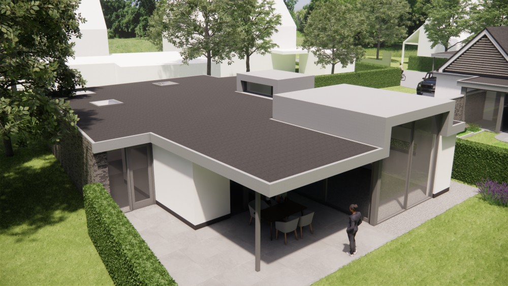 3D Render van vrijstaande kubistische woning met pleisterwerk en plat dak 9