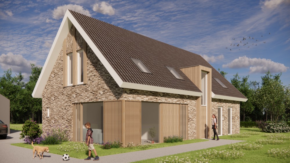 Afbeelding van Moderne woning met zadeldak, metselwerk en gegolfde dakpannen - b837e8ab-3f4a-40ad-8e47-d6991180c2a0