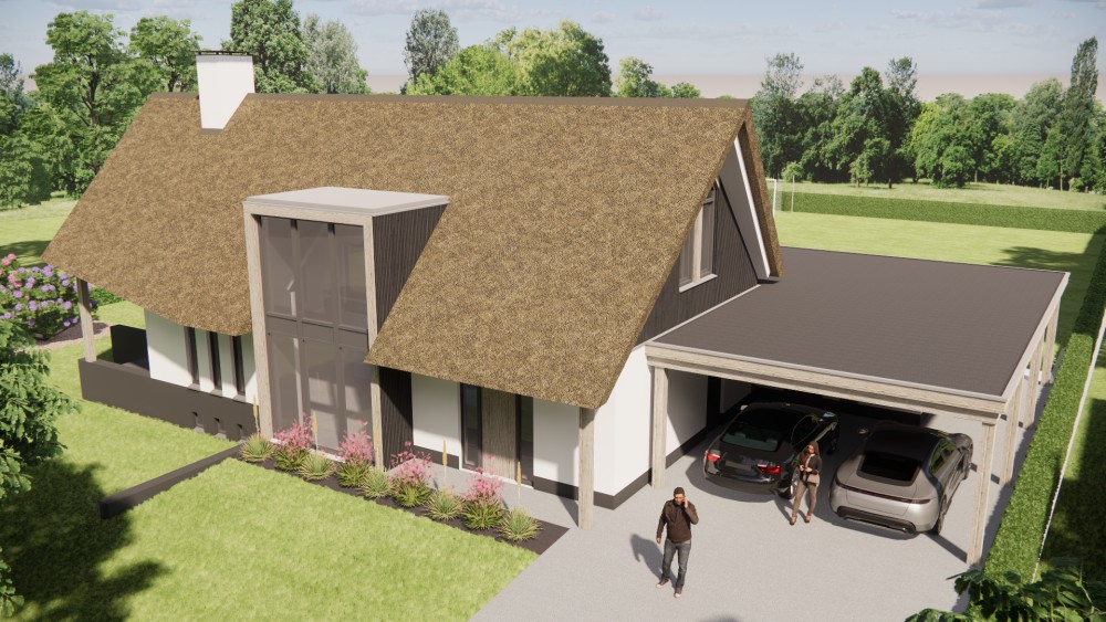 3D Render van moderne vrijstaande woning met rieten zadeldak witte pleistergevel en houtaccenten 9