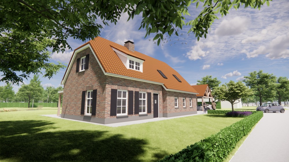 Afbeelding van Boerderijwoning met rood gegolfd wolfsdak, witte dakranden en bakstenen gevel - f22eee79-03e0-471b-b9b5-37126a16af3d