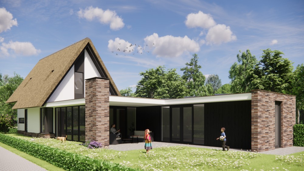 Afbeelding van Moderne woning met wit pleisterwerk en rieten kap - 4ee3bbf0-9492-46e1-a520-c20f725c98e3