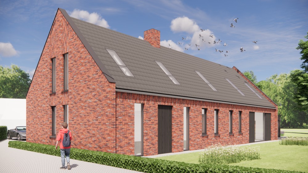 Afbeelding van Vrijstaande moderne woning in rood metselwerk met zadeldak in vlakke dakpannen en houtaccenten - 2dcdd97b-d875-4856-a286-8035b7316a19