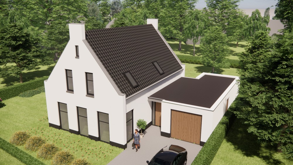 3D Render van vrijstaande moderne woning met pleisterwerk en zadeldak met gegolfde dakpannen 8