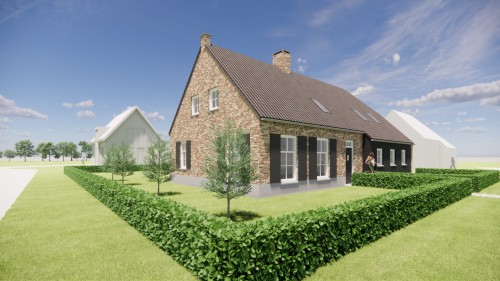 Afbeelding van Traditionele boerderijwoning met wolfsdak en houten luiken - 53502bc9-22ca-4cf1-a32b-189b03f659b4