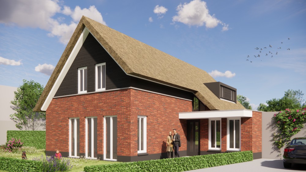 Afbeelding van Traditionele woning met rieten kap en warmrode bakstenen gevel - f7e6ac0f-880c-47d1-8bdb-9b40b393f96f