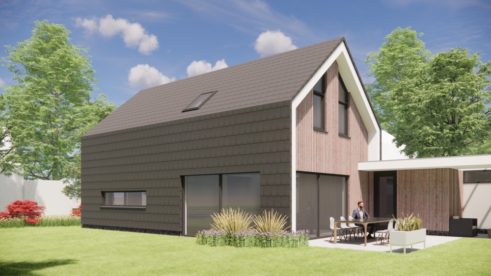 3D Render van eigentijdse schuurwoning met zadeldak bruine houten gevel en vlakke dakpannen 8