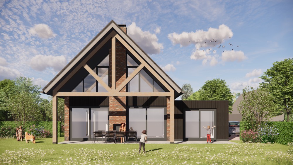 3D Render van landelijke schuurwoning met metselwerk en houten accenten 5