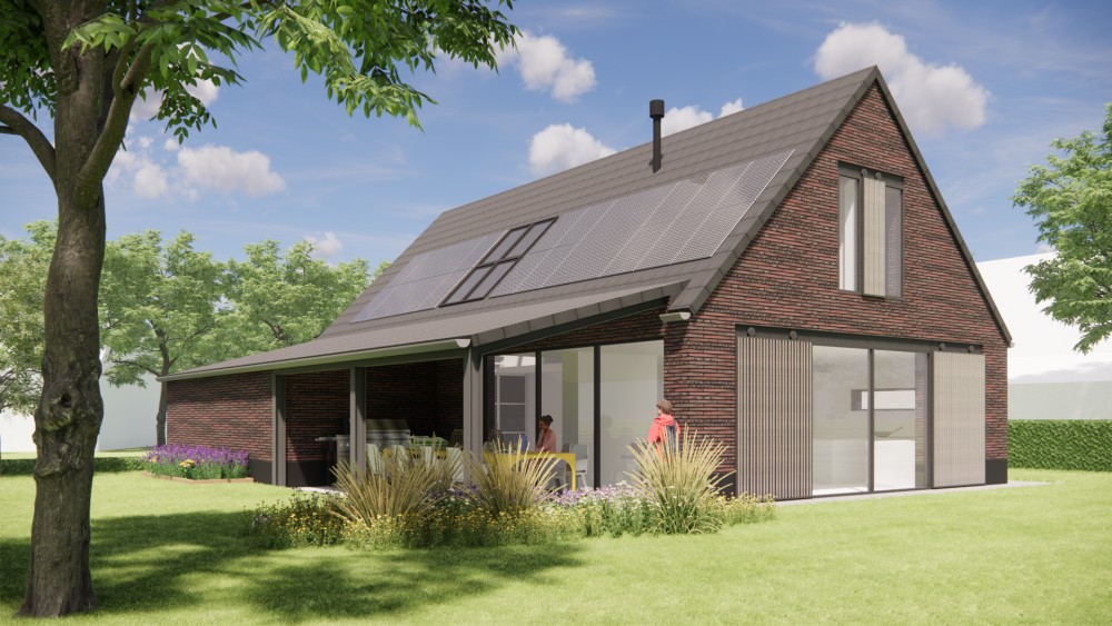 3D Render van vrijstaande schuurwoning met metselwerk gevels en zadeldak met vlakke dakpan 7