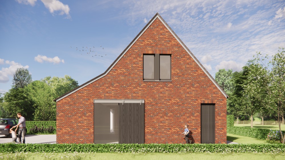 3D Render van moderne schuurwoning met metalen en metselwerk gevel 6