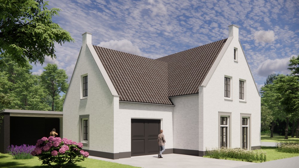 3D Render van jaren 30 woning met wit gekeimd metselwerk schoorsteen en zadeldak met gegolfde dakpannen 7