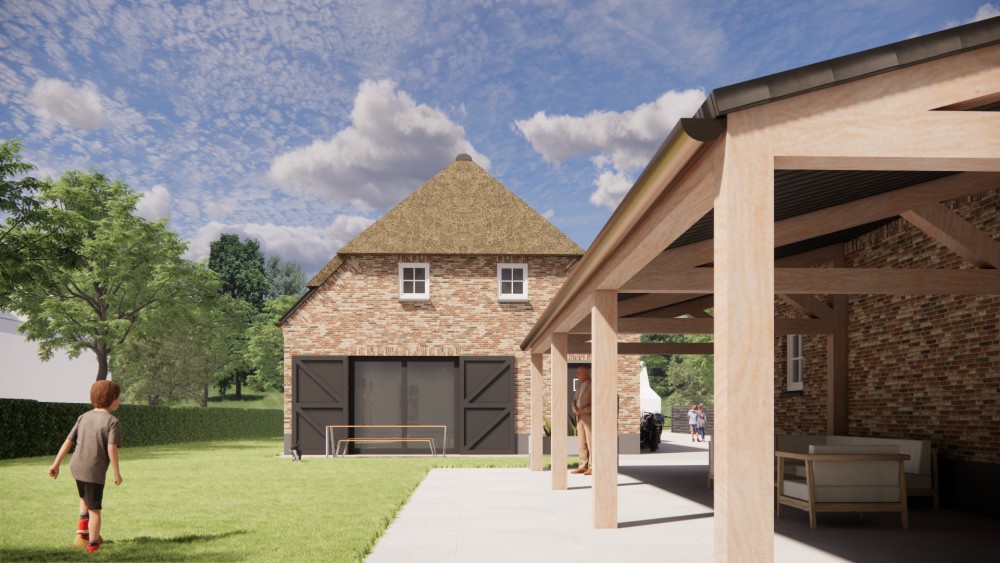 3D Render van vrijstaande landelijke woning met rieten wolfsdak en bruine metselwerkgevel 7