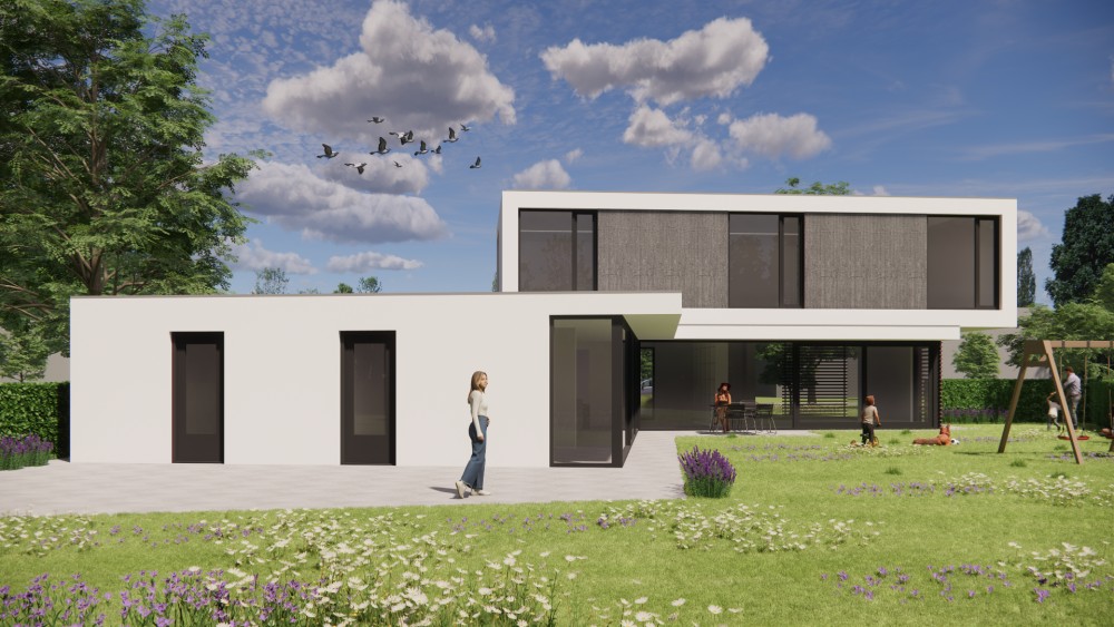 3D Render van strakke kubusvormige woning met wit stucwerk en houten geveldelen 6