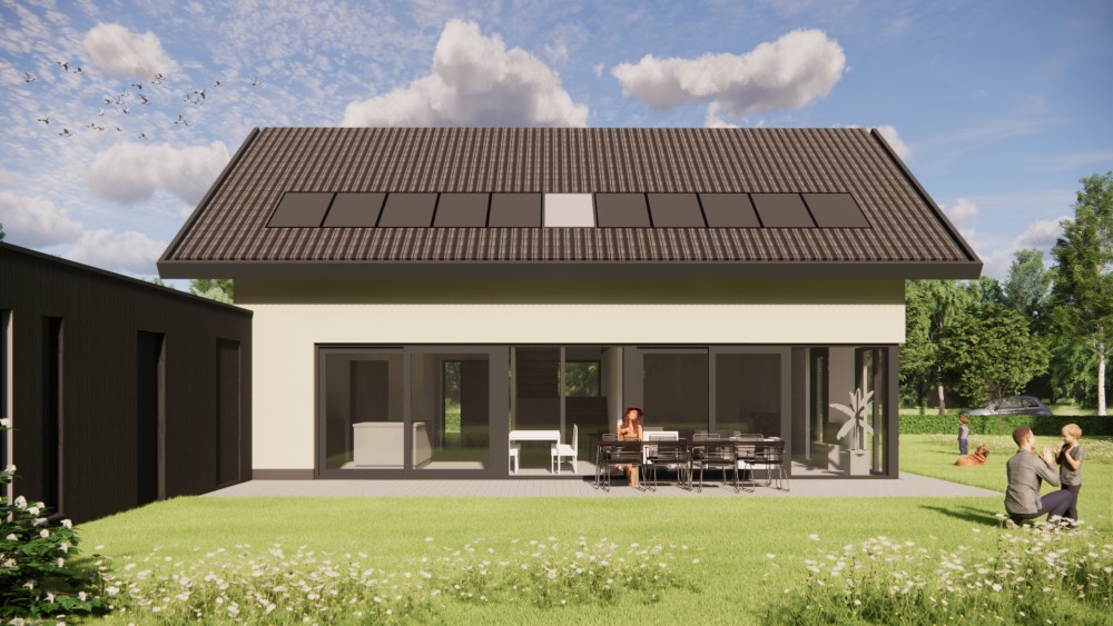 3D Render van strakke moderne woning met pleisterwerk gevels, hoekkozijnen en houten accenten 5