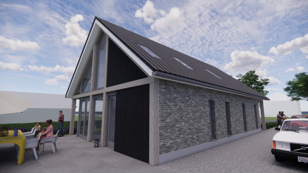 3D Render van vrijstaande schuurwoning met houten gevel, hoekkozijnen en overkapt terras 5