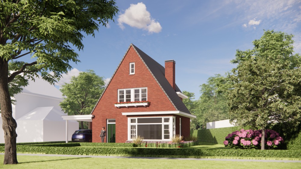 Afbeelding van Vrijstaande woning in jaren 30 stijl met metselwerk gevels en zadeldak met gegolfde dakpannen - 159898f0-407b-45c1-87cf-aea4d3c12a6e