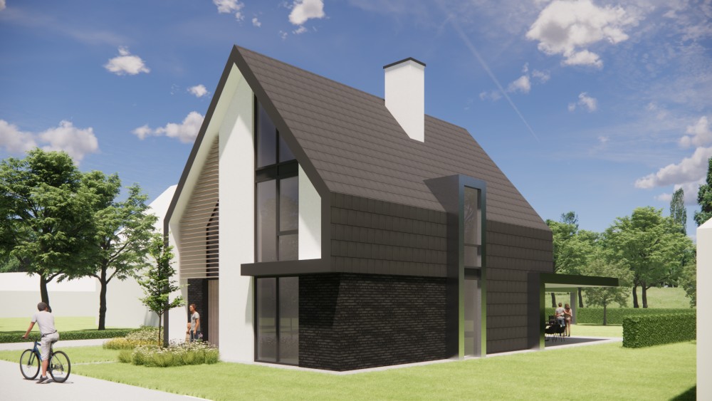 3D Render van eigentijdse villa met metselwerk gevels en zadeldak met vlakke dakpannen 4