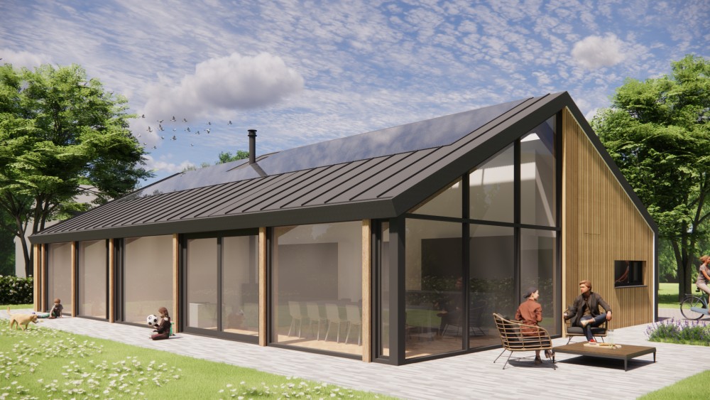 Afbeelding van Schuurwoning met houten gevel en donker felsplaten zadeldak - 581e5484-71c2-406f-92f6-f5e5f79a14bd