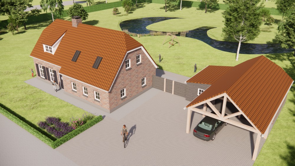 Afbeelding van Boerderijwoning met rood gegolfd wolfsdak, witte dakranden en bakstenen gevel - f22eee79-03e0-471b-b9b5-37126a16af3d