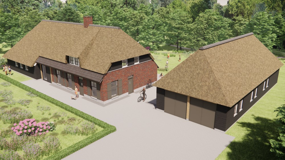 3D Render van traditionele boerderijwoning met rieten wolfsdak en gevel van hout en metselwerk 9