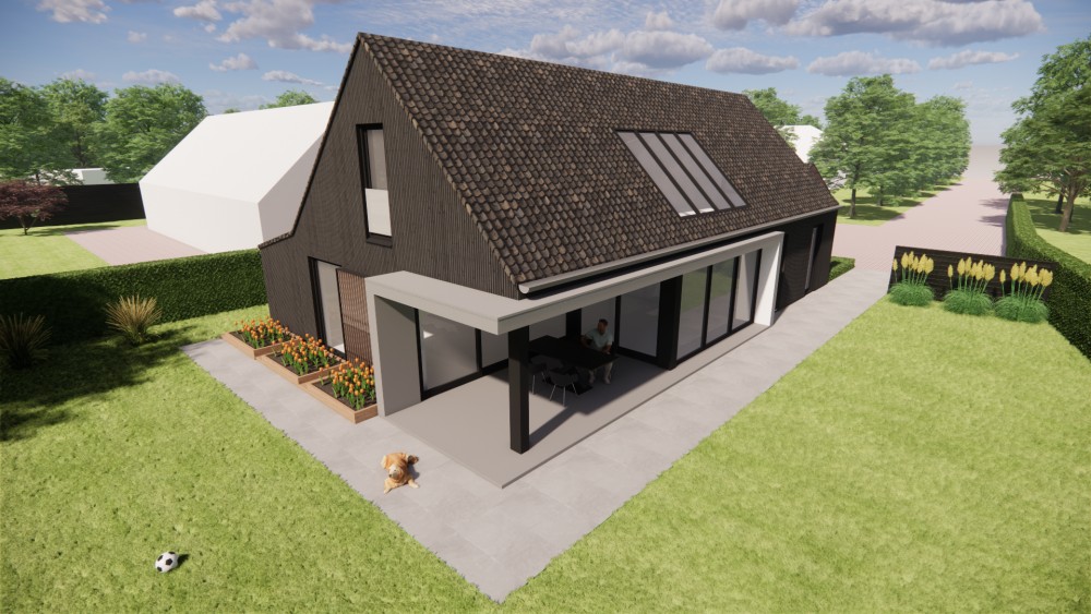 3D Render van schuurwoning met houten gevels en zadeldak met gegolfde dakpannen 5