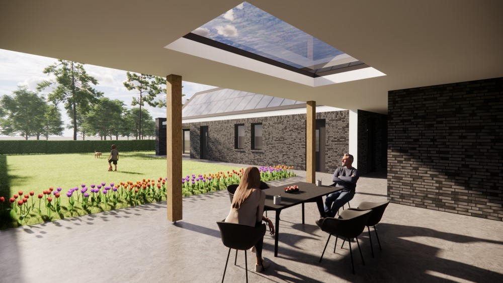 3D Render van moderne vrijstaande woning met gekeimd metselwerk en zadeldak met vlakke dakpan 6