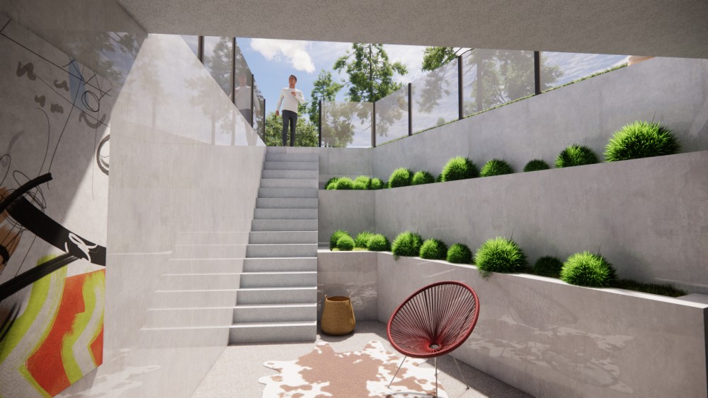 3D Render van moderne vrijstaande woning in metselwerk met lessenaarsdak met vlakke dakpannen en verholen dakgoot 5