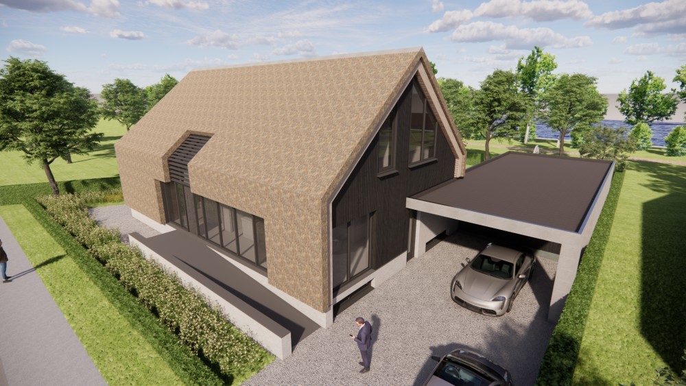 3D Render van moderne schuurwoning met rieten zadeldak en houten gevels 6