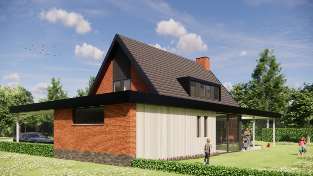 3D Render van landelijke woning met metselwerk gevels, houten accenten en overdekt terras 4