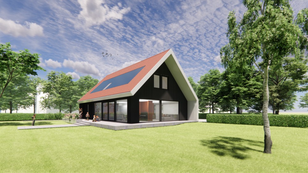 Afbeelding van Schuurwoning met houten gevels, zadeldak en rode gegolfde dakpannen - 1318fc1a-484e-42db-b18b-2dcb67ae1ffa