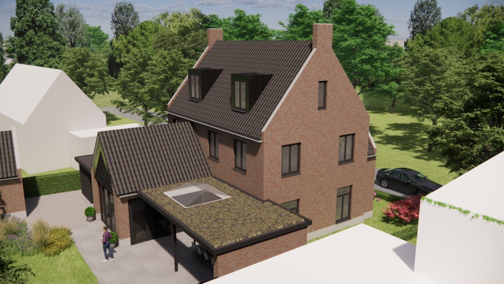 3D Render van kempisch vrijstaand woonhuis met metselwerk gevels, zadeldak en gegolfde dakpannen 10