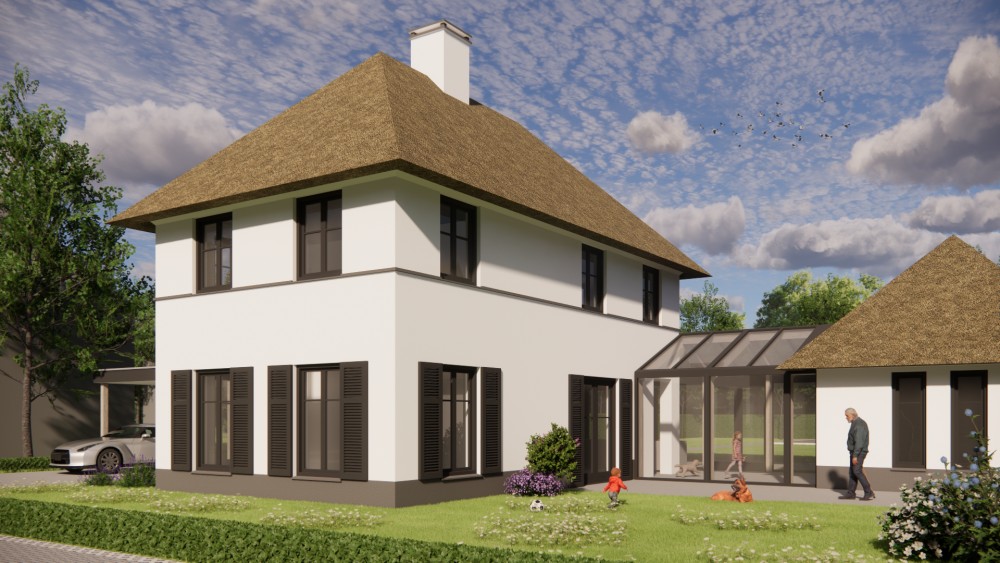 Afbeelding van Vrijstaande eigentijdse woning met wit pleisterwerk en rieten schilddak - 9ca4f8b9-9218-41e0-9aa1-f1d1bb745a23
