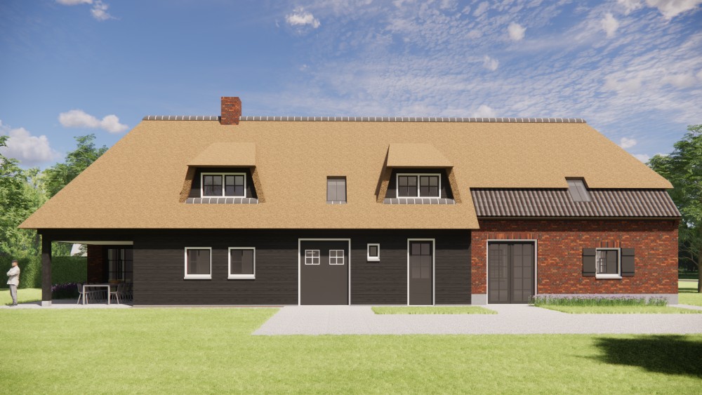 3D Render van rietgedekte landelijke woning met rood metselwerk en houten accenten 6